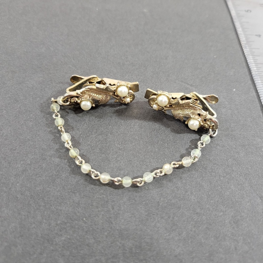 Vintage Gold Tone Faux Pearl Scarf Dress Clip 7" Grandma Floral Cottage